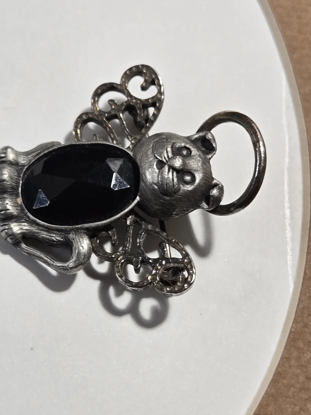 Vintage Silver-Tone Cat Brooch with Black Glass Stone
